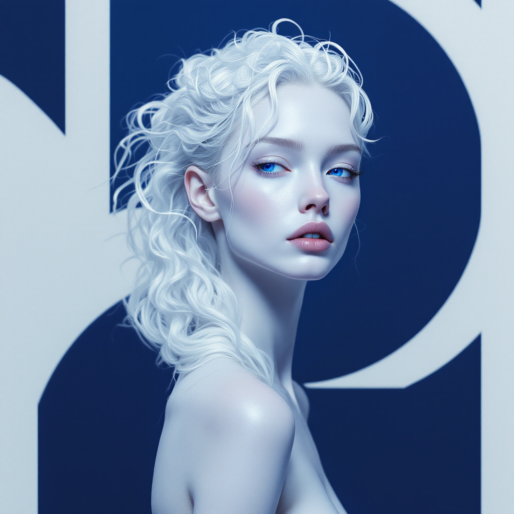 A striking portrait of a person with white, curly hair and piercing blue eyes, embodying the essence of the quote, Being different is a gift, not a curse, against a deep blue background.