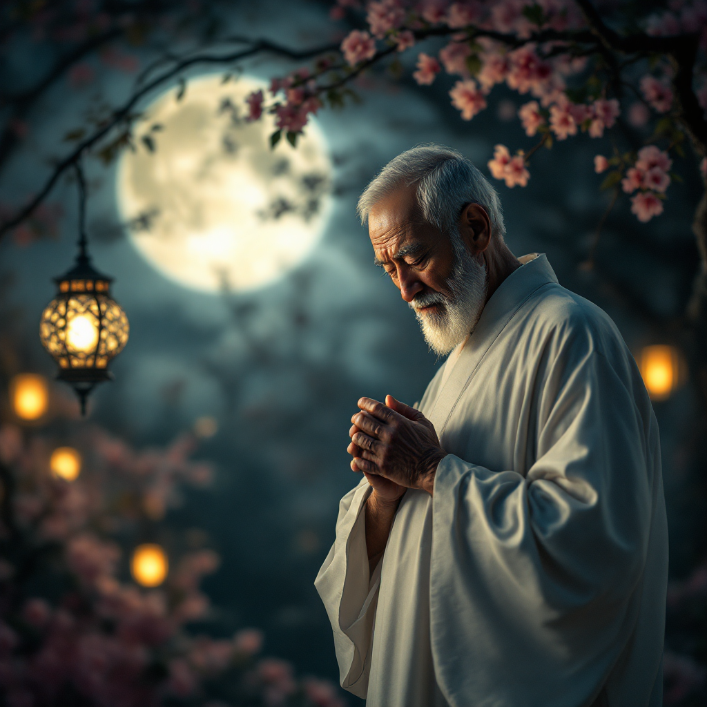 An elderly man in a white robe stands in contemplation under a full moon, surrounded by blooming cherry blossoms and lanterns, embodying accountability through action and inaction.