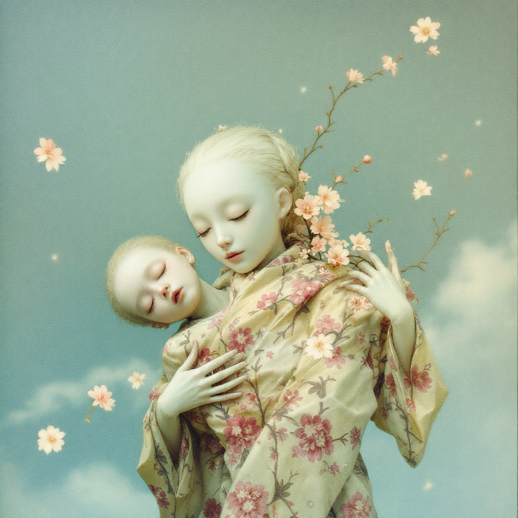 A serene figure in a flowing kimono cradles a smaller, sleeping child against a dreamy sky, surrounded by delicate cherry blossoms, embodying the quote about the soul and body.