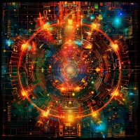 A vibrant digital mandala with intricate circuitry and glowing pathways, symbolizing the emergent global intelligence described in the book quote about the Rix propagating a compound mind across Legis XV.