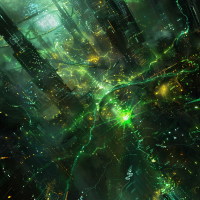 A futuristic cityscape bathed in green light with glowing lines connecting towering structures, symbolizing a new, emergent global intelligence spreading uncontrollably across Legis XV.