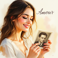 A young woman smiles warmly as she holds a vintage photograph of a man, embodying the essence of love, accompanied by the word Amour.