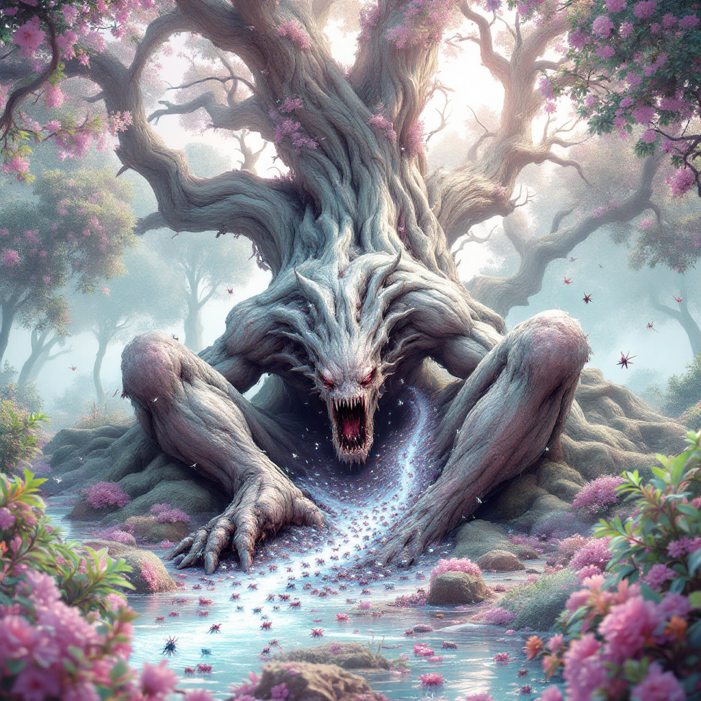 A monstrous tree creature with a gaping mouth looms amidst vibrant pink flowers, while a stream of metal insects spills from its body, evoking the imagery of frantic, living intestines.