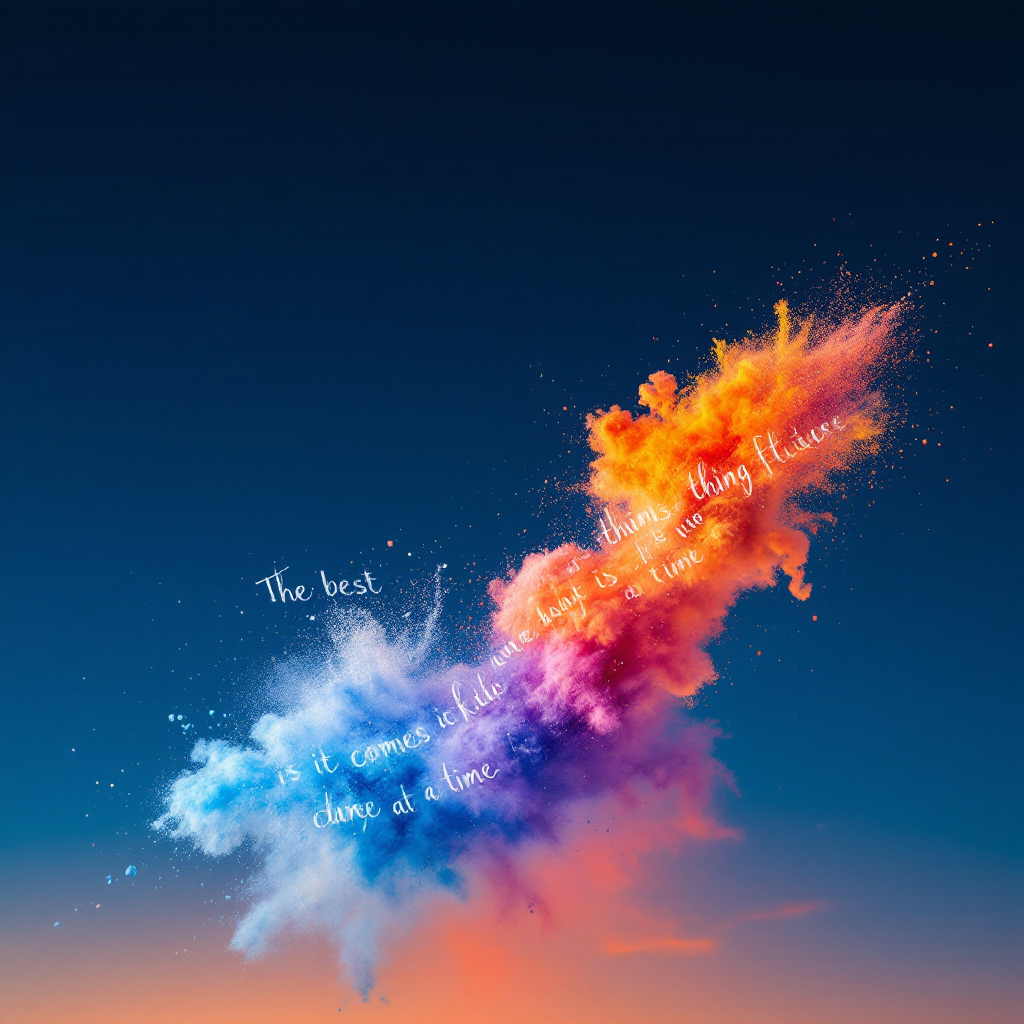 A vibrant explosion of colors in the sky with the quote, The best thing about the future is that it comes one day at a time, artistically integrated into the cloud-like formation.