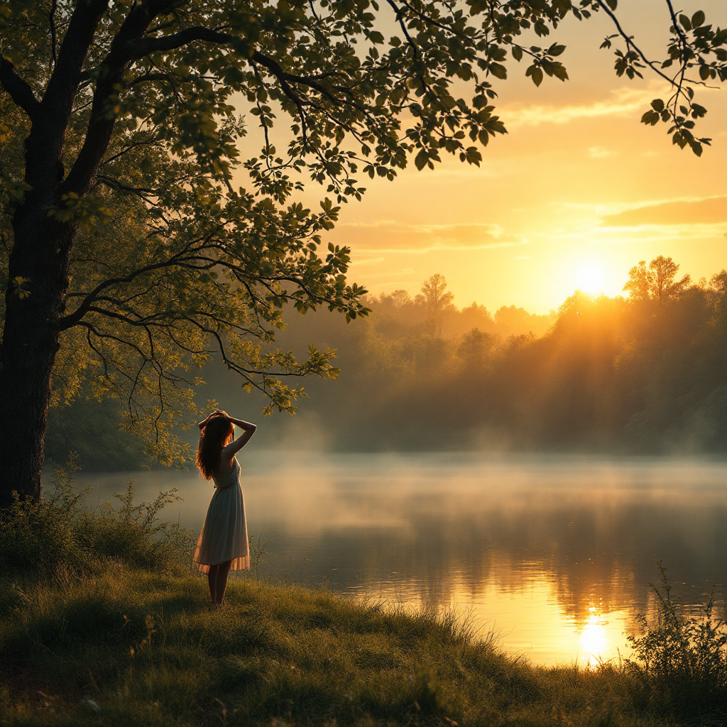 A woman in a white dress stands by a calm lake at sunrise, surrounded by trees. The misty water reflects the warm, golden light, embodying the essence of letting go and embracing new beginnings.