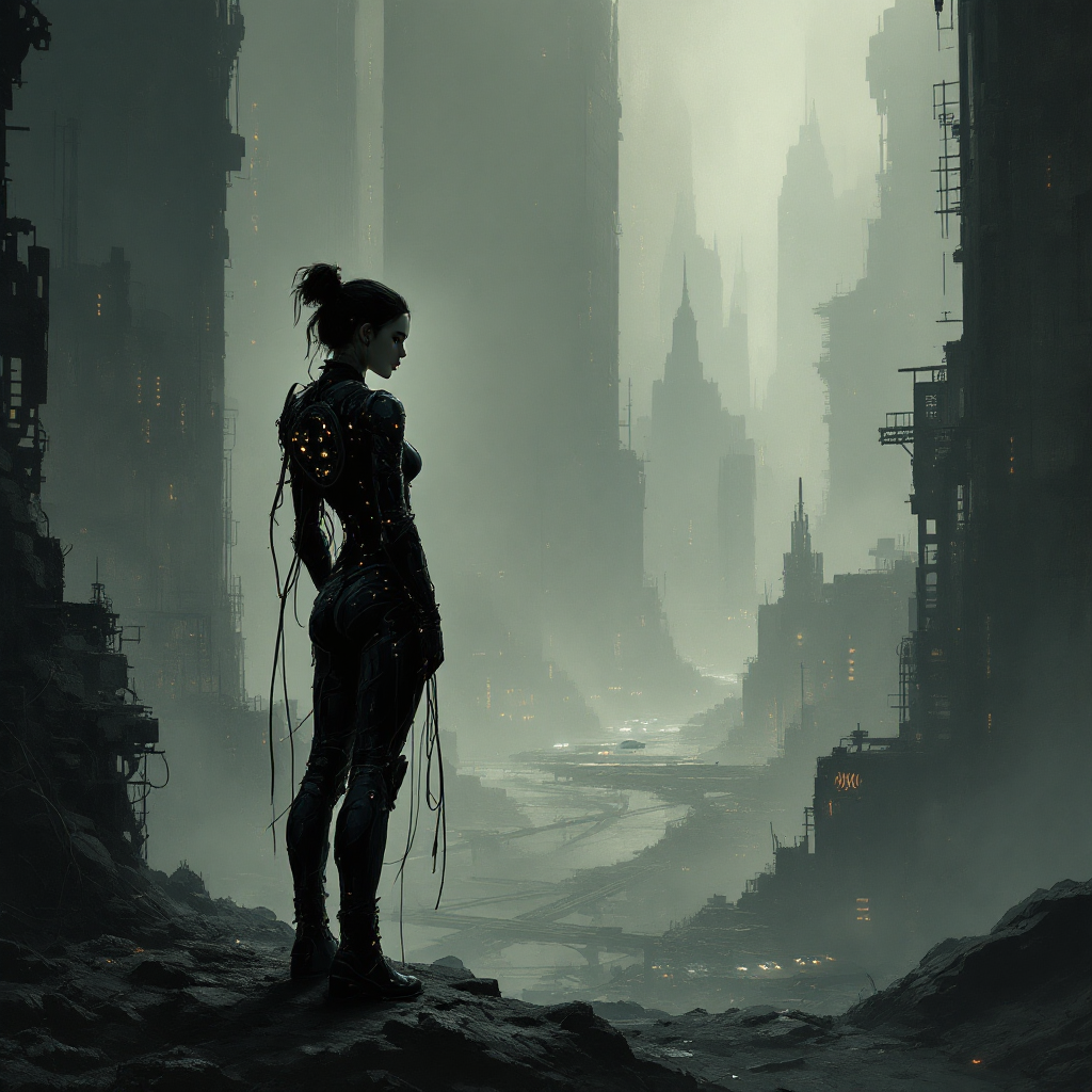 A solitary figure stands amid a desolate, futuristic cityscape, embodying the struggle between demons and heroics, shrouded in shadows and silence.