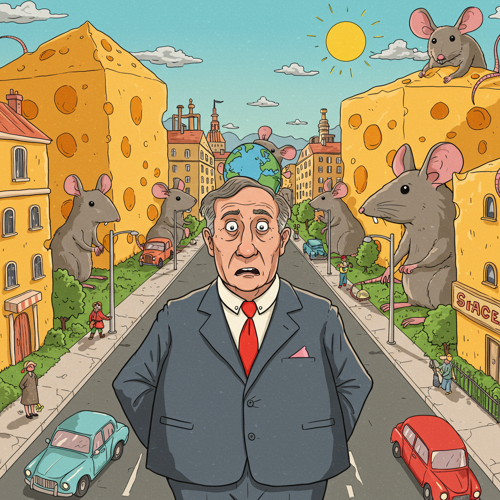 A worried man stands on a street dominated by giant mice around cheese-shaped buildings under a bright sun, capturing a world run and controlled by mice.