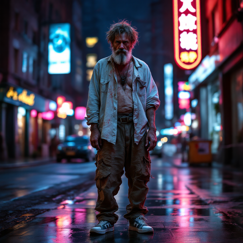 A disheveled man stands in a dimly lit street, wearing tattered clothing that reflects deep shabbiness, embodying the quote about being ashamed in such rags. Neon lights glow in the background.