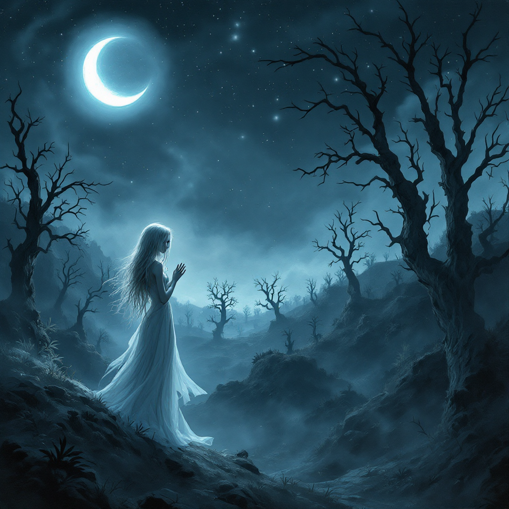 A solitary figure in a flowing white dress stands in a dark, eerie landscape under a crescent moon, surrounded by twisted trees, evoking themes of solitude and lurking dangers.