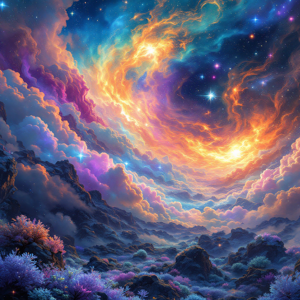 A vibrant, cosmic scene with swirling clouds of purple, orange, and blue, illuminated by stars, evoking a serene world beyond pain and fear.