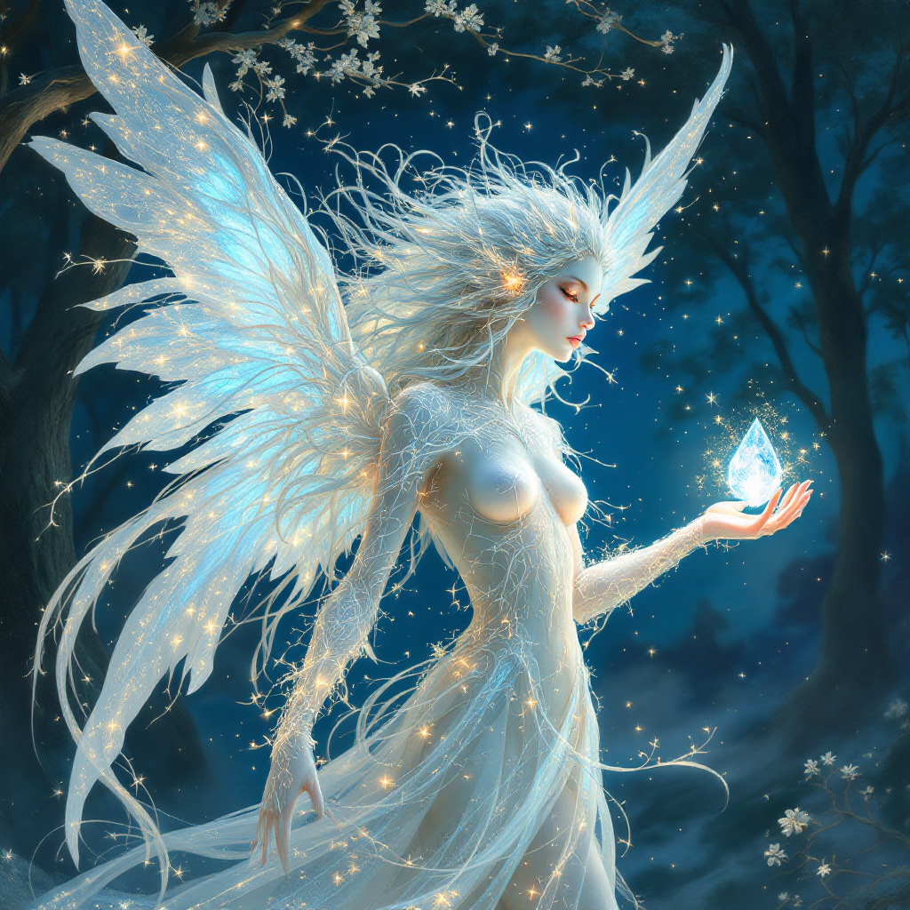 A serene, ethereal figure with glowing wings stands in a moonlit forest, holding a shimmering butterfly, embodying the essence of truly living and embracing life's beauty.