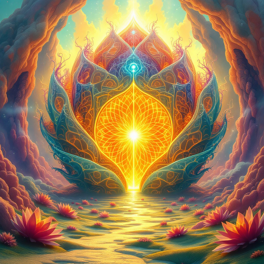 A radiant doorway emerges from a vibrant, colorful lotus setting, symbolizing imagination as a key to limitless possibilities, surrounded by ethereal light and natural beauty.