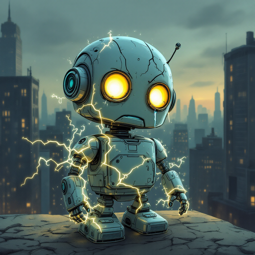 A small, humanoid robot with glowing yellow eyes stands on a rooftop, surrounded by crackling electricity, against a backdrop of a city skyline at dusk, evoking disbelief and curiosity.