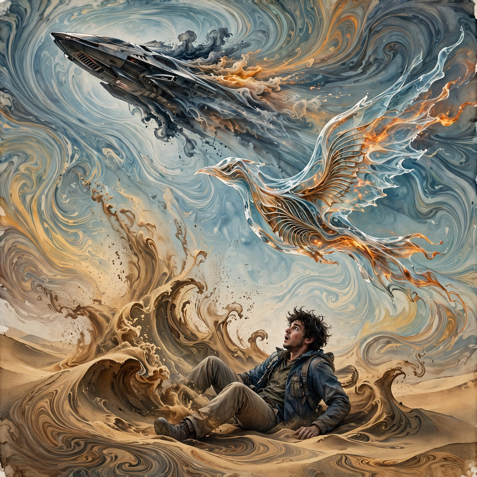 A figure sits on swirling sands as a dark vessel flies overhead, followed by a translucent, fiery bird-like ship with rippling metallic gills encased in liquid skin.