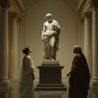 Two people stand apart in a grand hall, silently facing a classical statue, embodying the idea that we begin life as strangers to ourselves and each other.