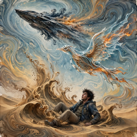A figure sits on swirling sands as a dark vessel flies overhead, followed by a translucent, fiery bird-like ship with rippling metallic gills encased in liquid skin.