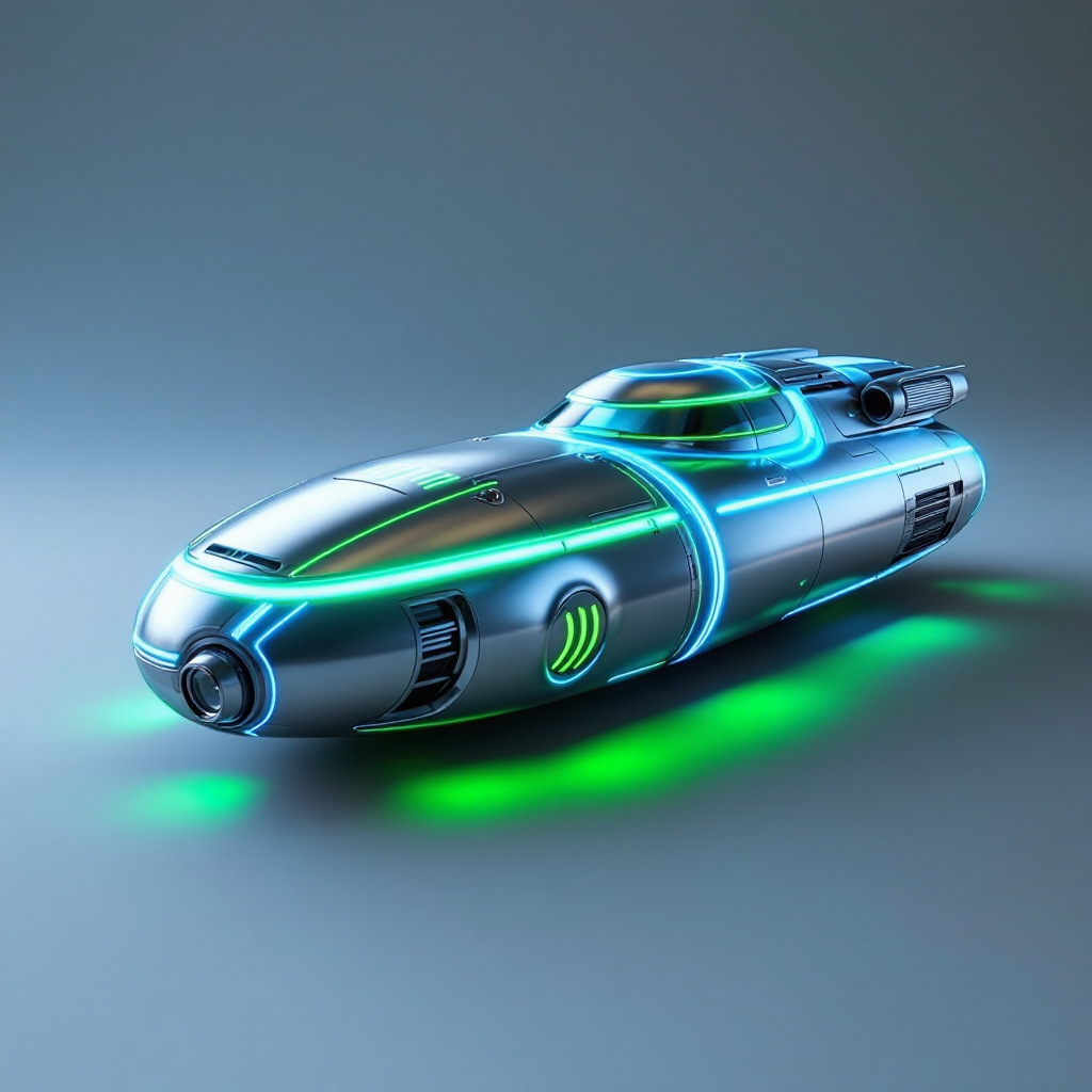 A sleek, futuristic spaceship design resembling a tin can, featuring glowing blue and green accents that evoke a sense of adventurous exploration.