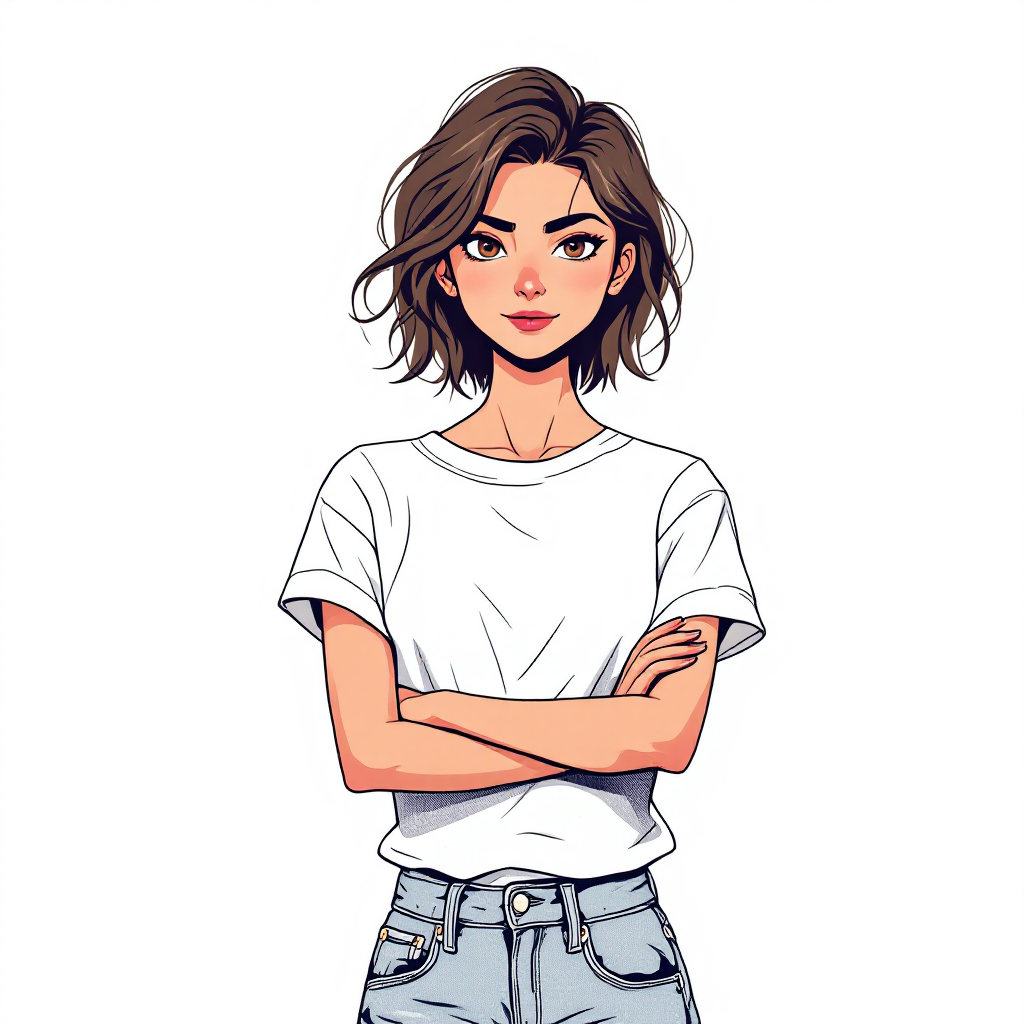 An illustrated young woman stands confidently with her arms crossed, wearing a casual white t-shirt and jeans, embodying the spirit of taking action from the quote about starting to do.