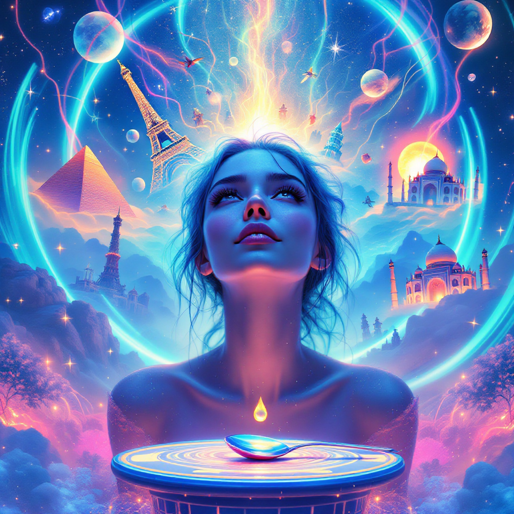 A serene woman gazes upward, illuminated by vibrant cosmic elements and iconic landmarks, reflecting on the balance between life's marvels and simple joys.