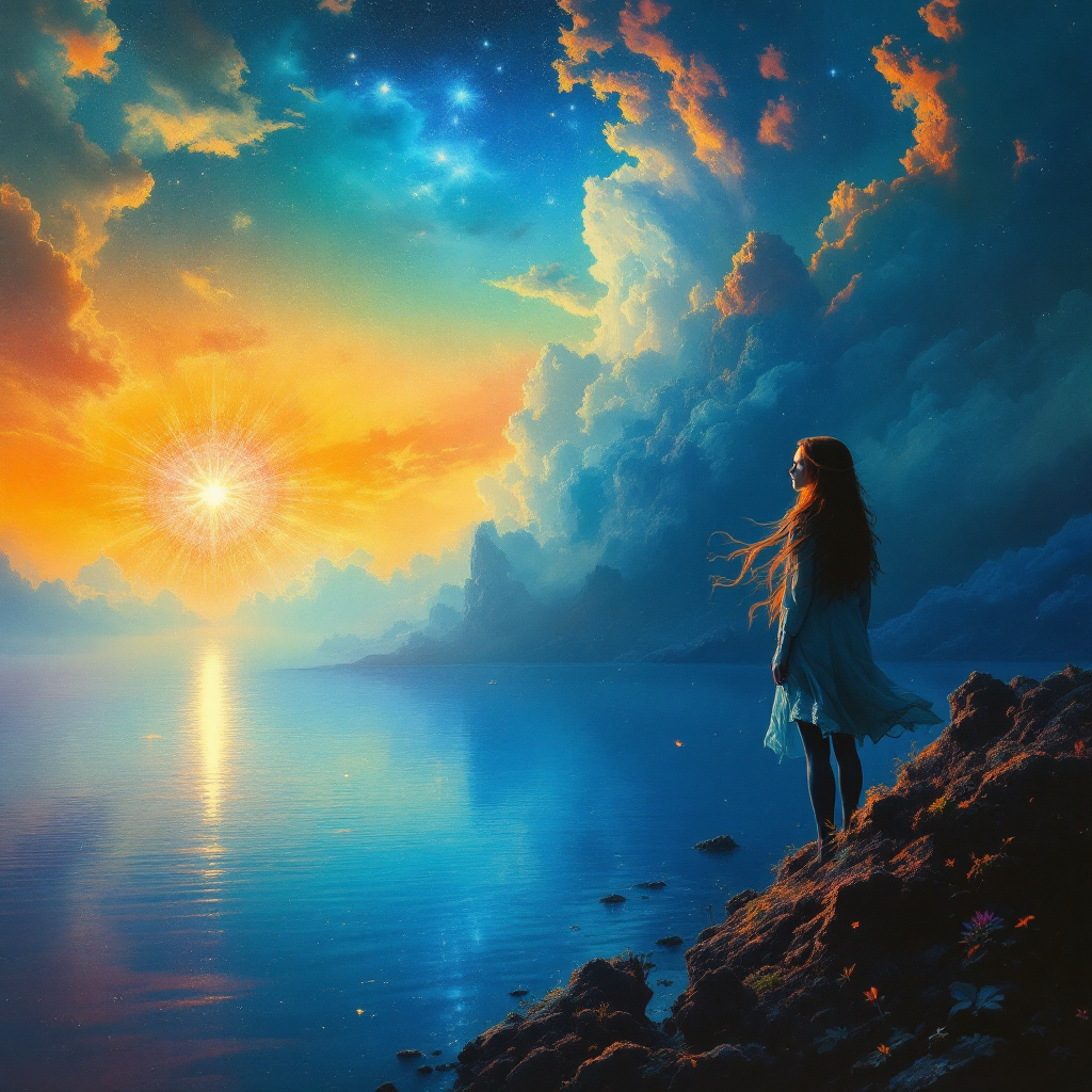 A figure stands beside a shimmering lake, gazing at a vibrant sunset and starry sky, embodying the choice to engage with transformative moments.