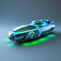 A sleek, futuristic spaceship design resembling a tin can, featuring glowing blue and green accents that evoke a sense of adventurous exploration.