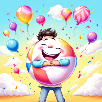 A joyful child embraces a large, colorful beach ball surrounded by vibrant balloons under a bright sky, symbolizing the thrill of embracing unexpected moments.