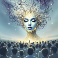 A mystical figure with flowing hair and a serene expression emanates light, surrounded by a crowd that gazes upwards, embodying the quote about listening to divine guidance.