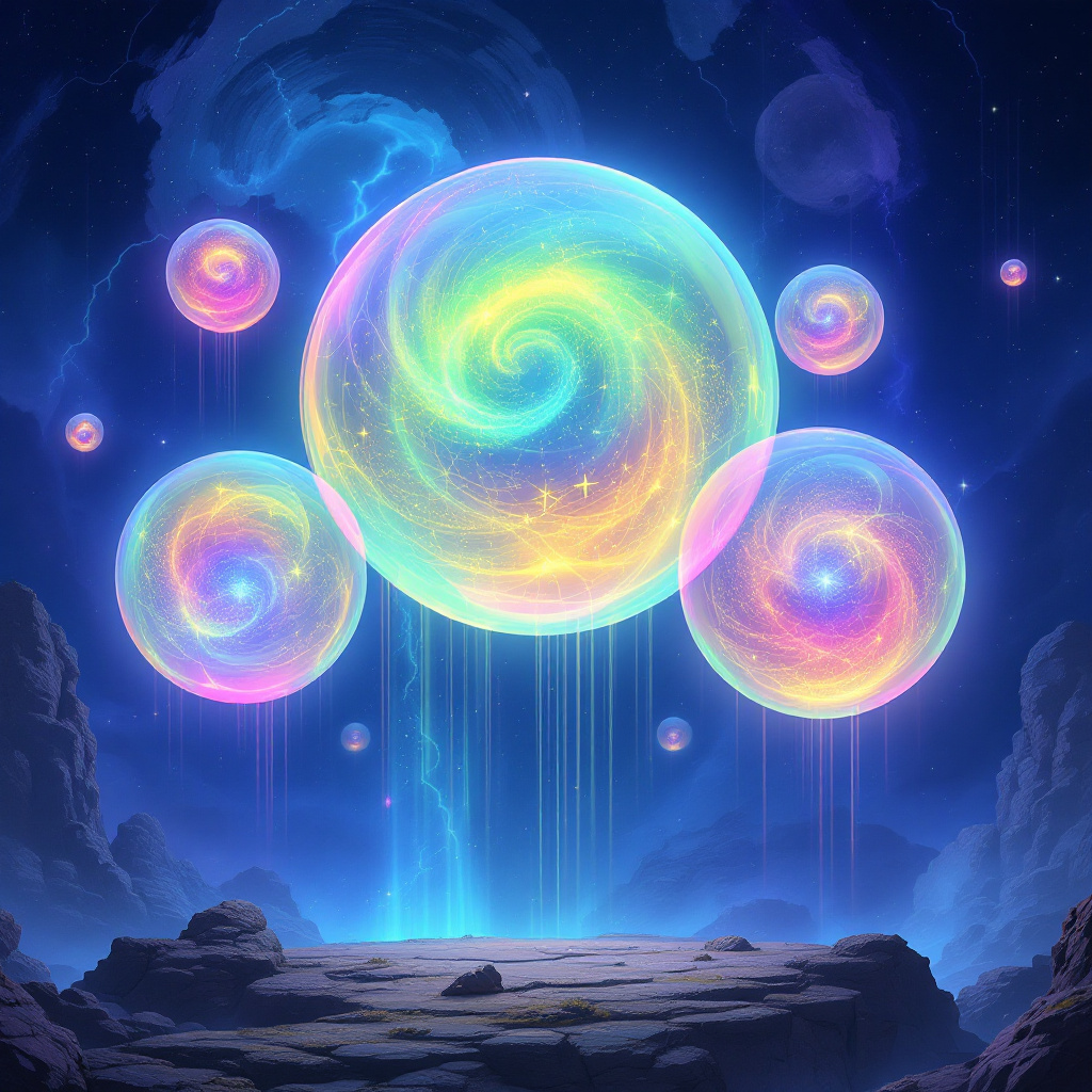 Five vibrant alien globes hover above a rocky landscape, shimmering with colorful swirls and glowing droplets, embodying the mystique of hidden secrets in their cores.