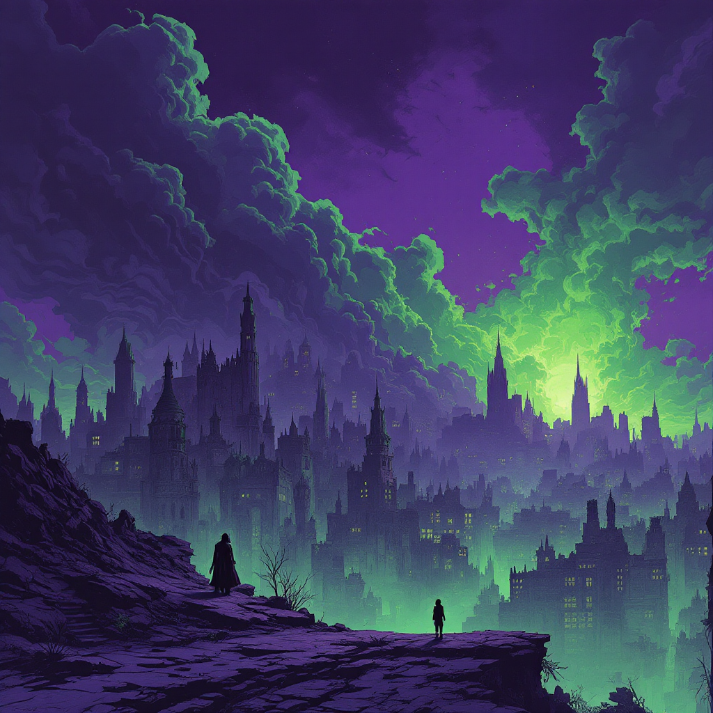 A lone figure stands on a rocky outcrop, gazing over an ethereal, neon-lit city shrouded in swirling clouds, reflecting the existential struggle for meaning in *Embassytown*.