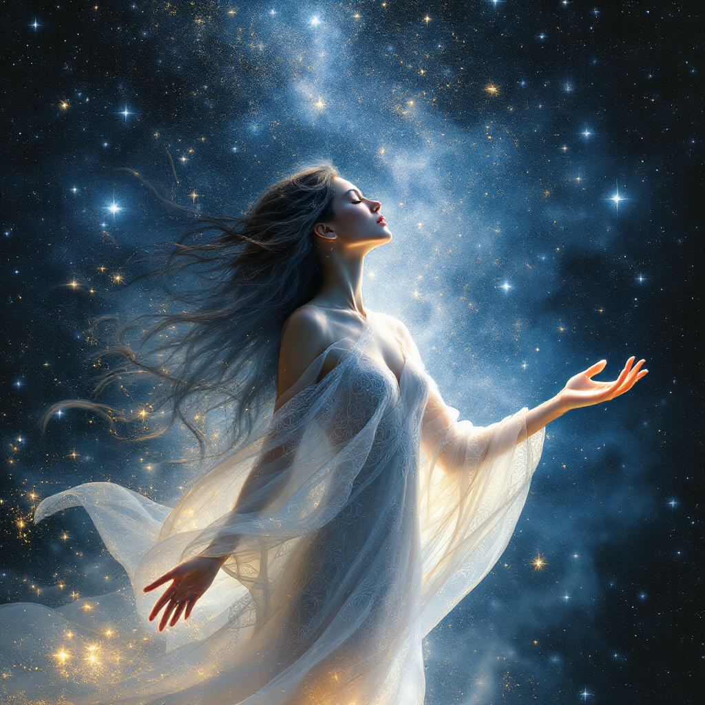 A figure in a flowing, ethereal gown stands amidst a cosmic backdrop, arms raised as if embracing the mysteries of the universe, reflecting the essence of self-discovery and uncertainty.