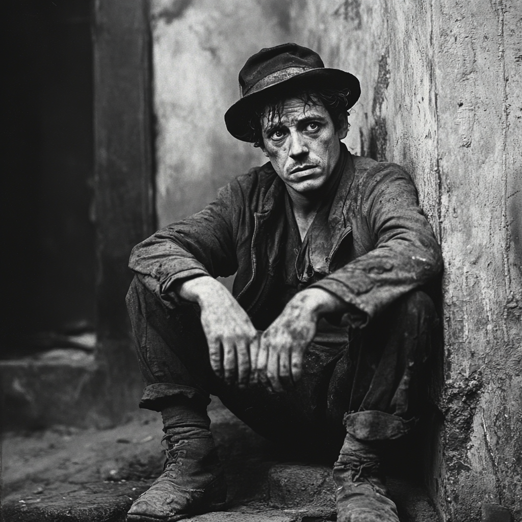 A disheveled man sits against a weathered wall, his clothes tattered and dirty, embodying the essence of shabbiness described in the quote about extreme poverty.