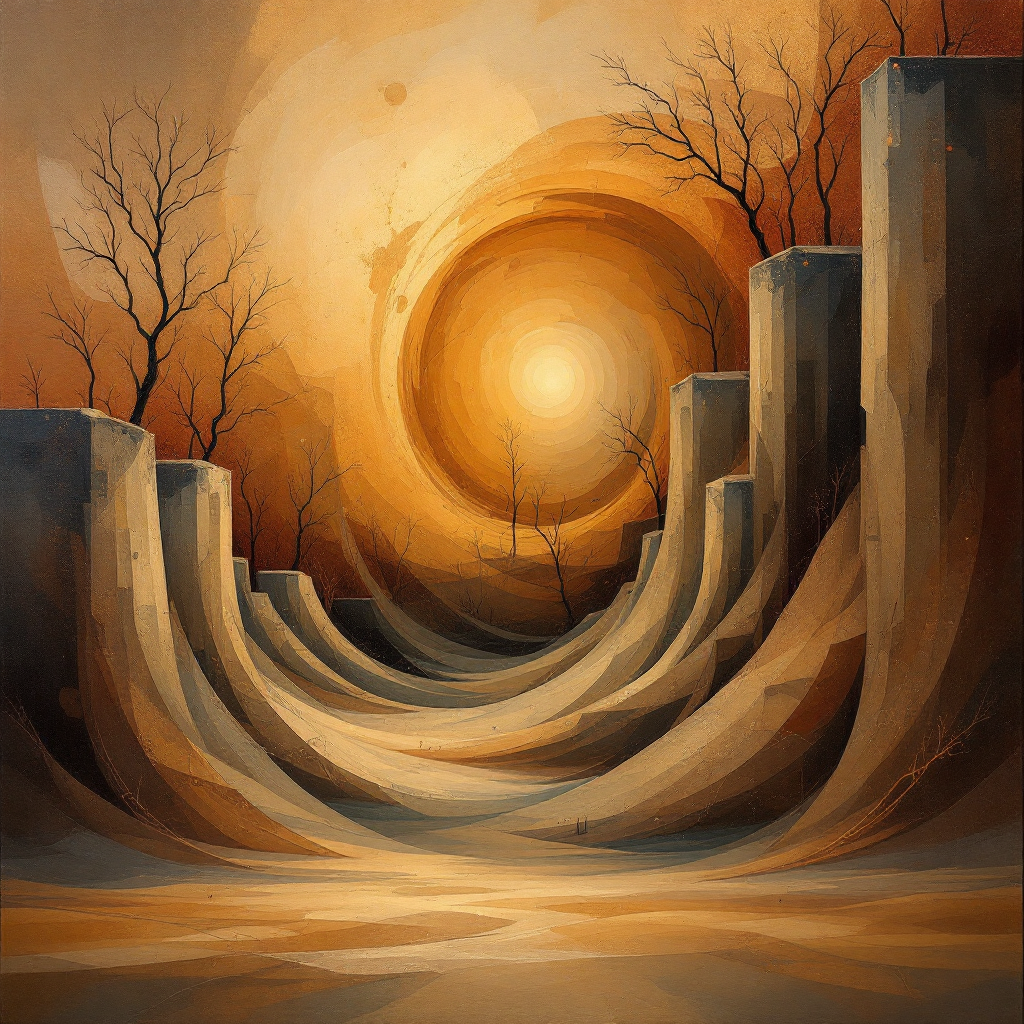 A surreal landscape with winding hills and a glowing orange sun at the center, surrounded by sparse trees, reflecting the idea of misunderstood ownership from the quote.