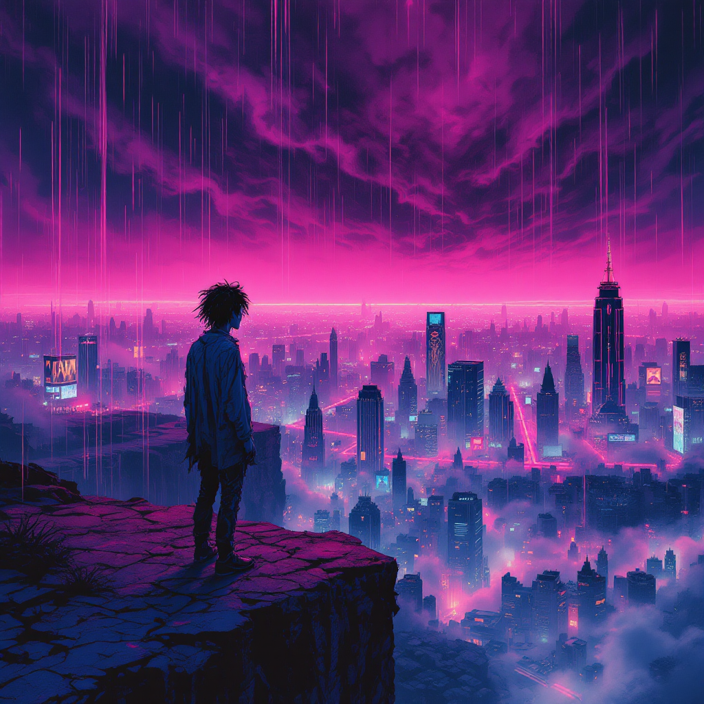 A figure stands on a cliff overlooking a vibrant, futuristic cityscape under a dramatic purple sky, embodying the sentiment of madness and existential reflection from the quote.