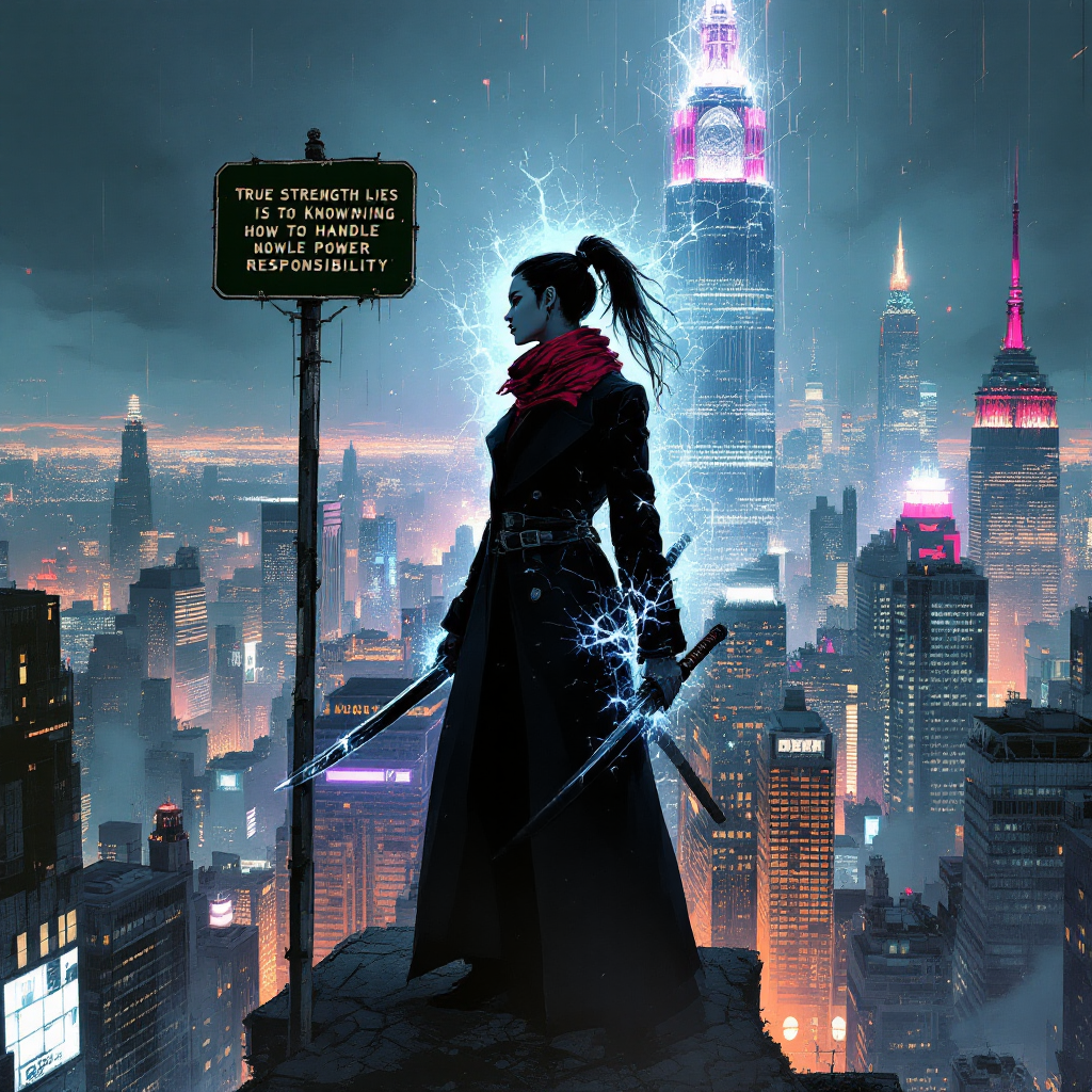 A figure stands confidently on a rooftop at night, holding swords with electric sparks, overlooking a vibrant city skyline, beside a sign quoting about the responsible use of power.