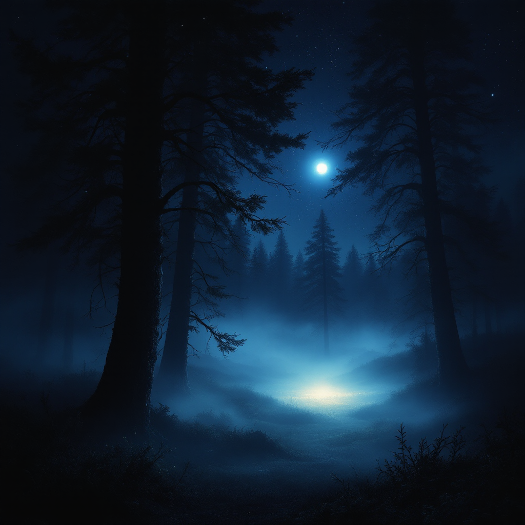 A misty forest scene at night, with tall silhouettes of trees and a glowing light in the background, embodying the balance of good and evil suggested by the quote.