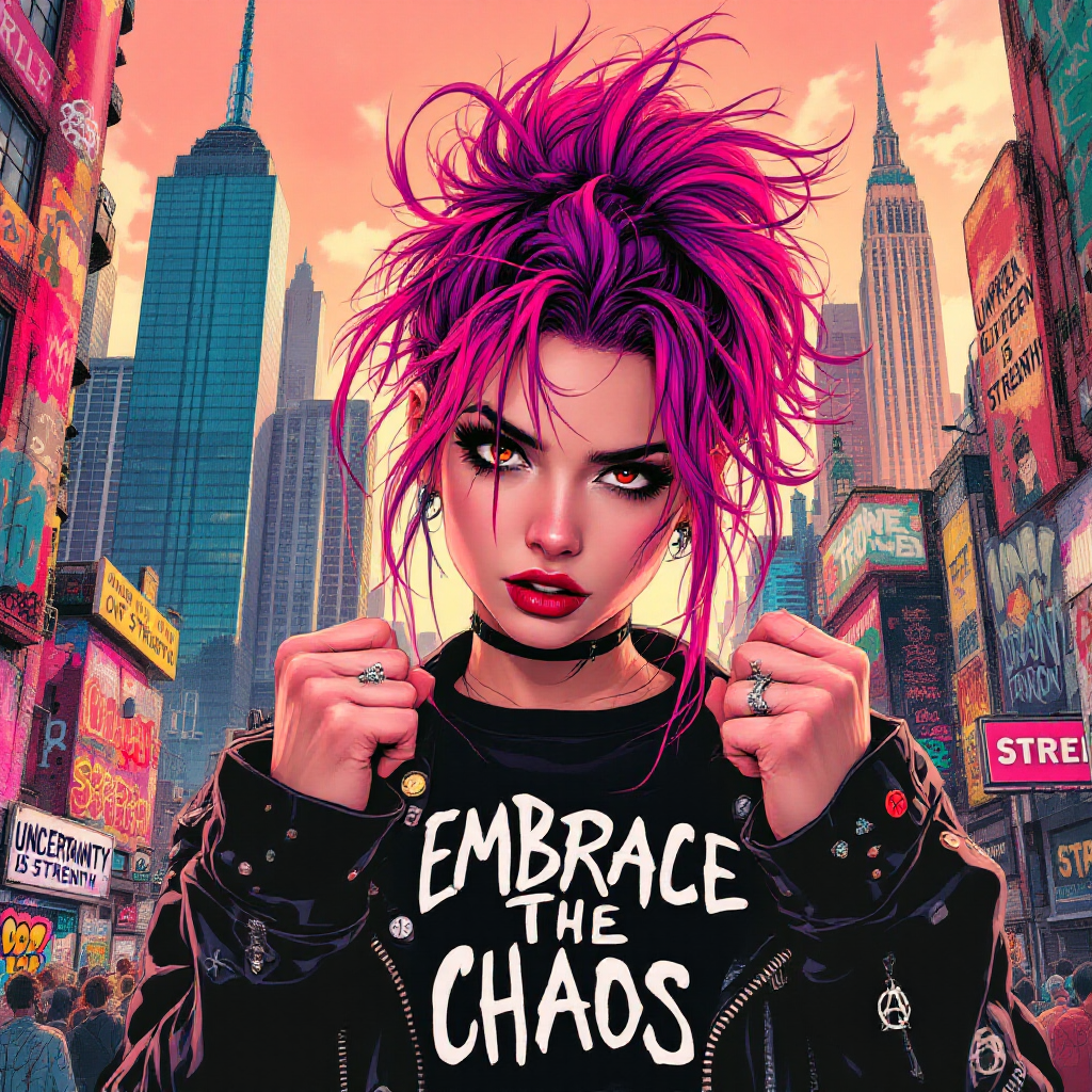 A vibrant illustration of a young woman with pink hair, confidently wearing a black jacket and a t-shirt that reads Embrace the Chaos, set against a bustling city skyline.