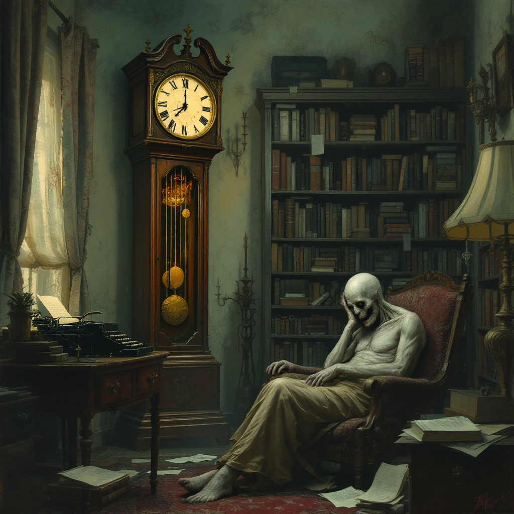 A skeletal figure sits in a worn armchair, surrounded by stacks of books and papers, while an ornate grandfather clock looms in the dimly lit room, reflecting on ownership and solitude.