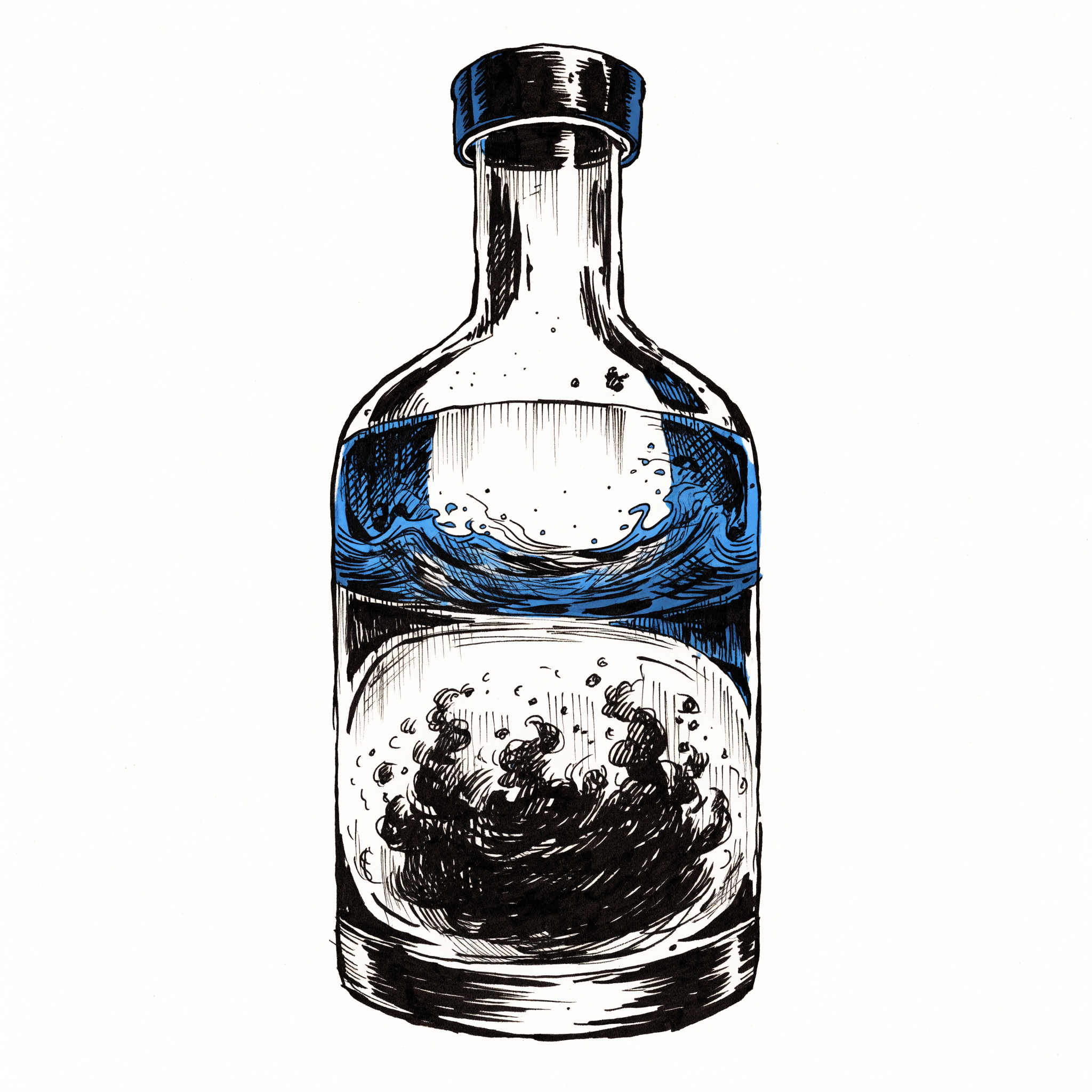 A clear bottle with water filling the top chamber and vapor swirling in the bottom chamber, separated yet contained within the same vessel.