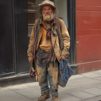 A scruffy man stands on the sidewalk wearing tattered, dirty clothes, embodying the quote about someone so poorly dressed that even the shabbiest would feel ashamed.