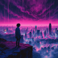 A figure stands on a cliff overlooking a vibrant, futuristic cityscape under a dramatic purple sky, embodying the sentiment of madness and existential reflection from the quote.