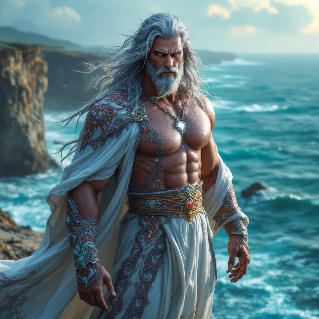 A powerful, godlike figure with flowing silver hair and a muscular build stands by the ocean, embodying the Mage-Imperator's strength and telepathic connection to his subjects.