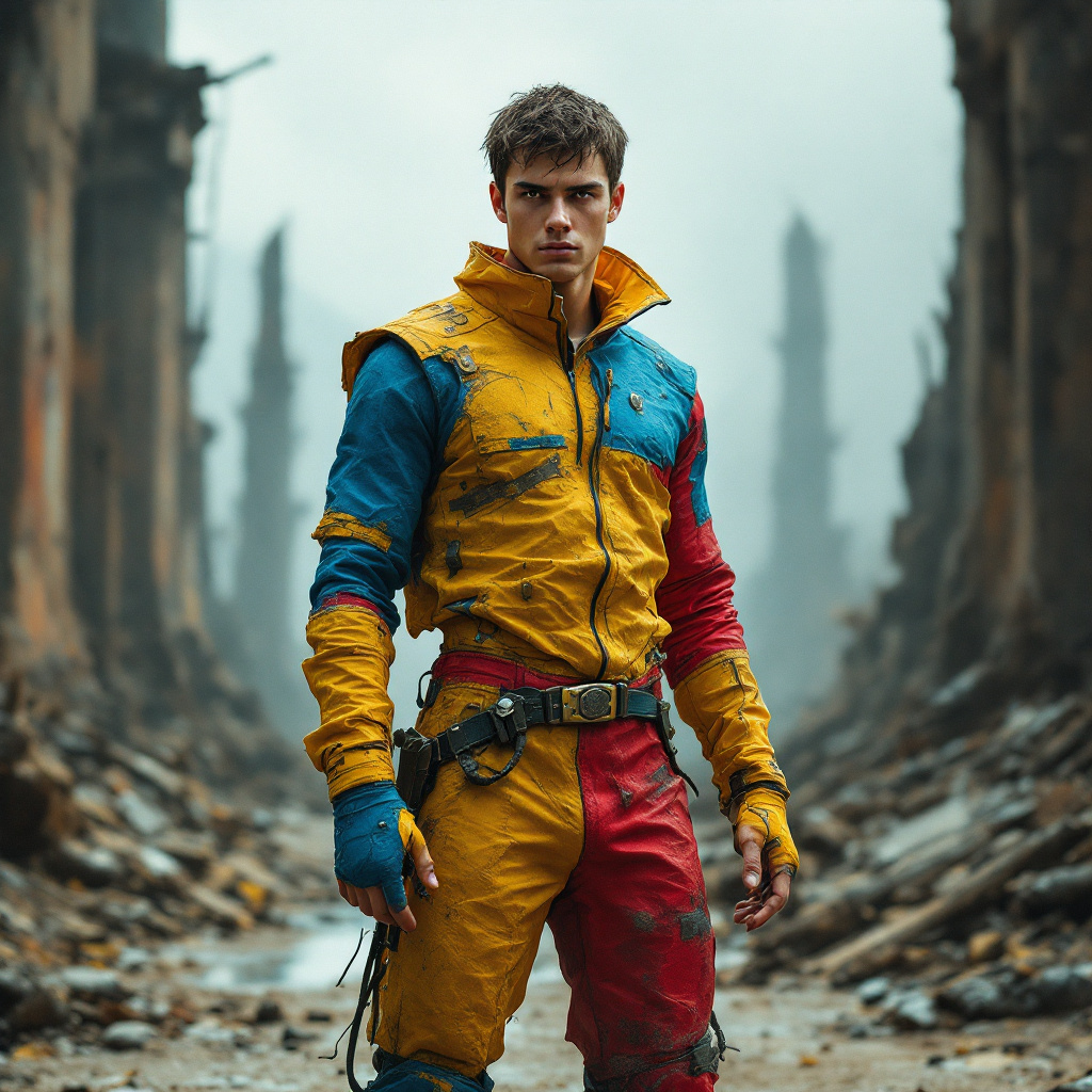 A figure stands confidently in a vibrant, multicolored suit amidst a desolate, post-apocalyptic landscape, embodying the irony of massive radiation exposure without gaining superpowers.