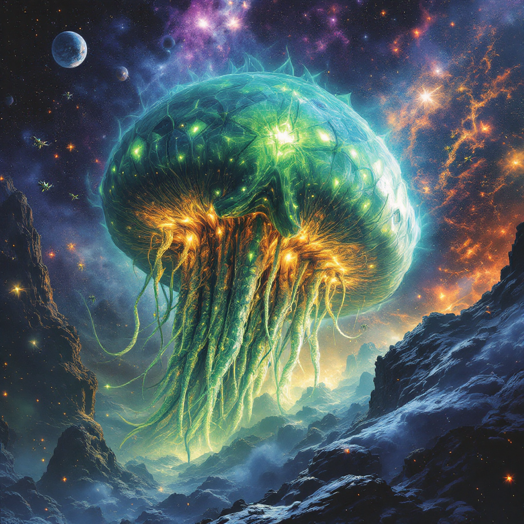 A vibrant, luminescent jellyfish-like creature floats amidst a cosmic backdrop of stars and gas clouds, embodying the ancient conflict against the hydrogues in a war-torn galaxy.