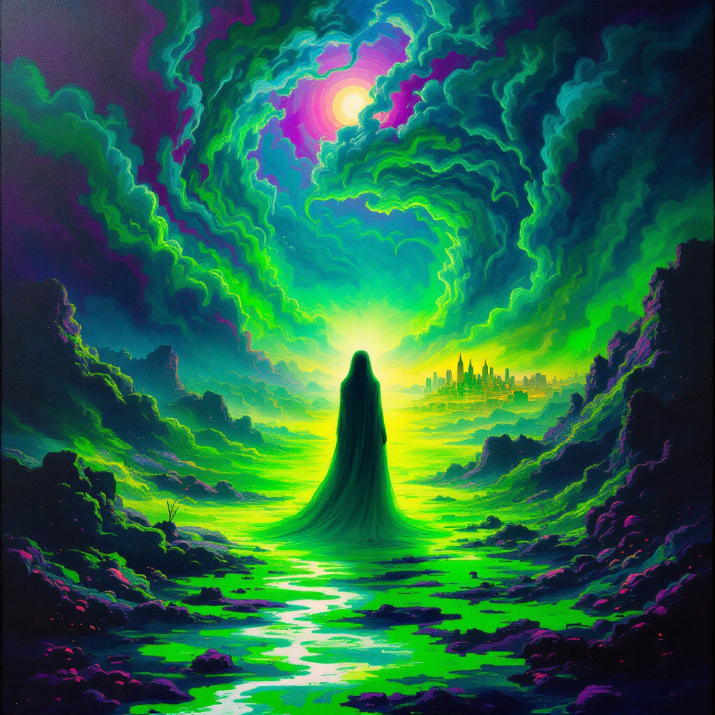 A figure stands amidst vibrant, swirling clouds of green and purple, reflecting the tension between truth and experience echoed in the quote, The truth is not always the same as the experience.