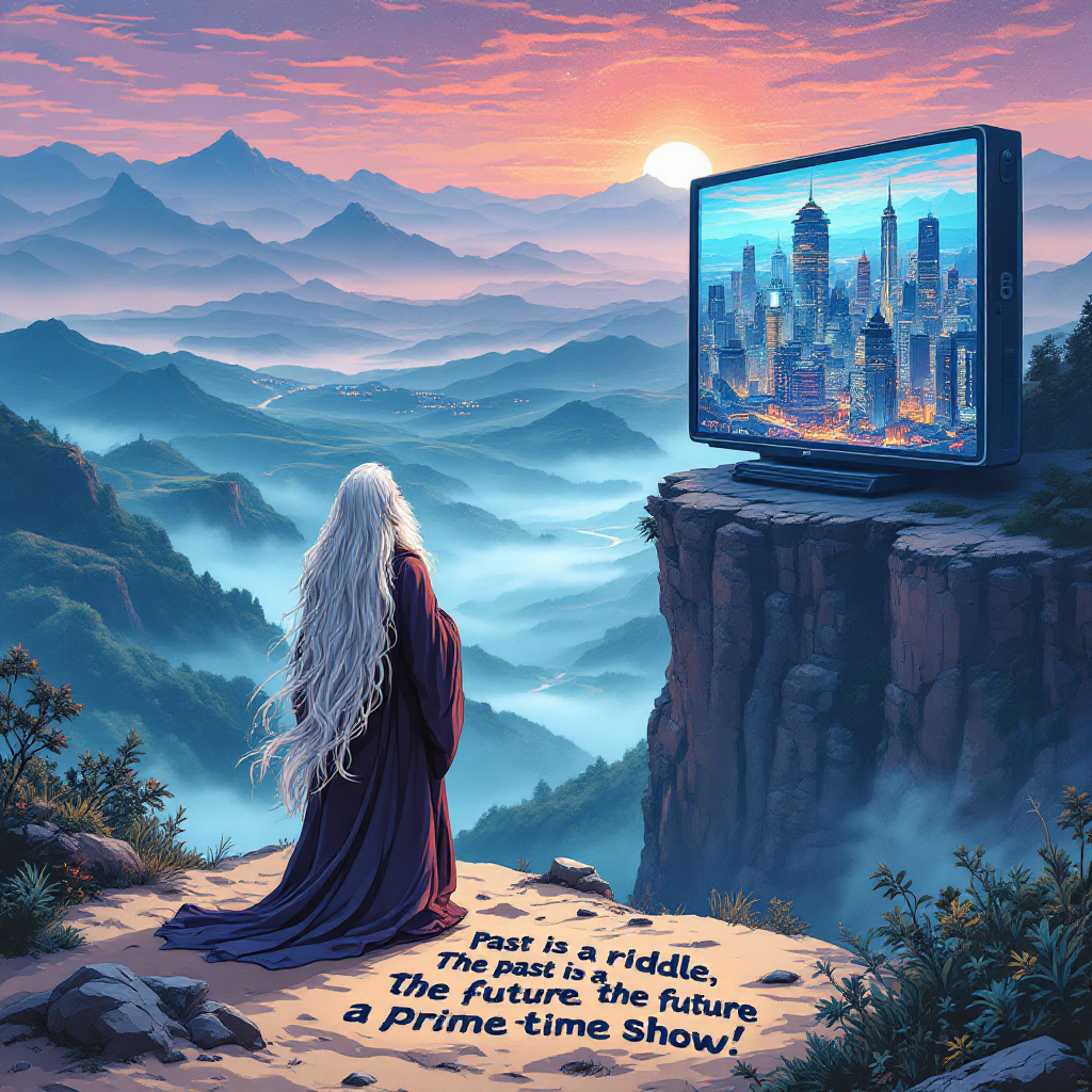 A figure with long white hair stands on a cliff, gazing at a large TV displaying a vibrant cityscape, with mountains in the background. The quote The past is a riddle, the future a prime-time show is included.