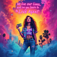 A vibrant scene features a confident woman holding a cassette tape, surrounded by colorful clouds and palm trees, with the quote, We live our lives, and live you learn to Live Ageat, above her.