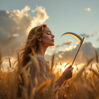 A woman stands in a golden field at sunset, holding a scythe with a contemplative expression, embodying the quote: Hope is a weapon, and it can cut deep.