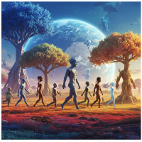 A diverse group of humanoids, reptiloids, fishoids, tree-like beings, and blue super-intelligent shades walk beneath colorful trees with a large planet in the sky.