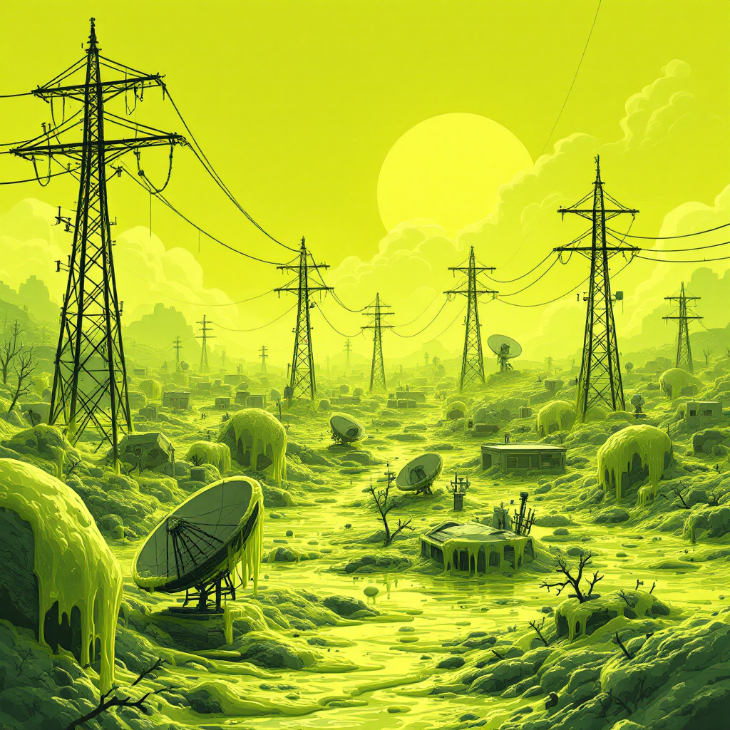 A desolate landscape coated in thick green slime mold, power lines drip with goo, and communication equipment is engulfed in the eerie, vibrant greenish hue.