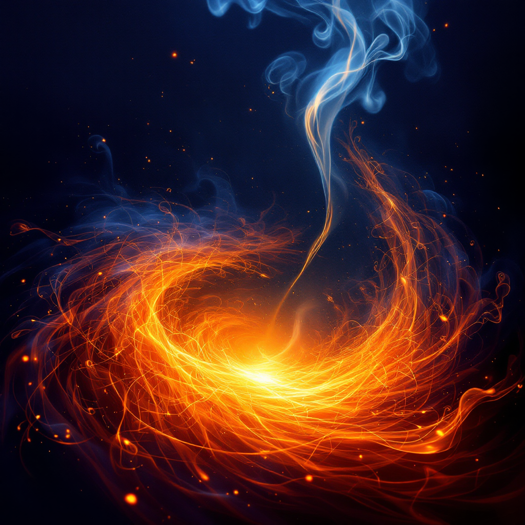 A swirling blend of vibrant orange and blue flames, embodying the essence of memory and love, captures the poignant beauty of loss and nostalgia in a mesmerizing dance of light.